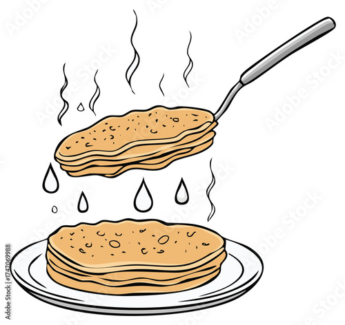 Warm steaming flatbreads being lifted with a spatula and dripping liquid onto a stack on a plate