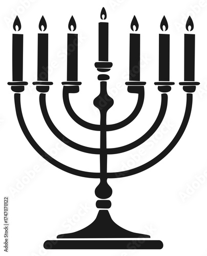 Illuminated seven branched candelabra with flames against a white background silhouette