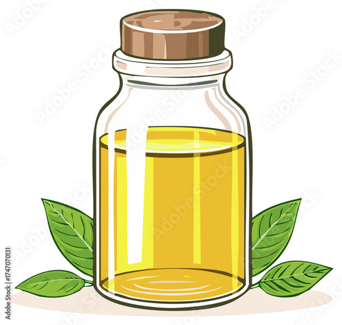 Vibrant vector illustration of natural organic oil in a clear glass bottle with a cork stopper and fresh green leaves