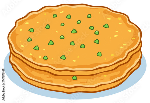 Delicious stack of Indian style savory pancakes uttapam with green spices vector illustration
