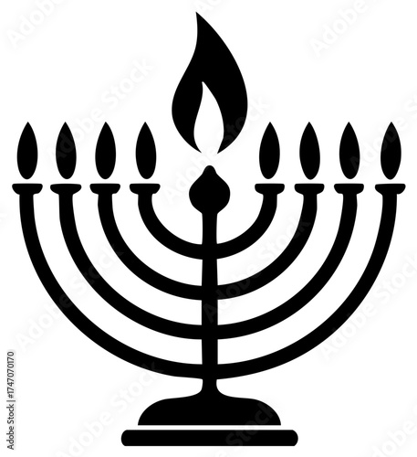 Simplified silhouette of a Hanukkah menorah with flames and eight candle holders.