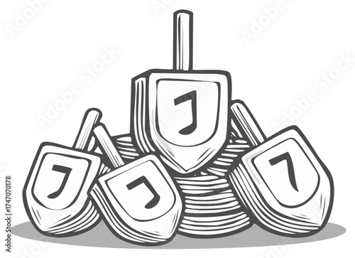 Traditional Hanukkah dreidels and shiny gelt coins stacked for festive Jewish holiday games
