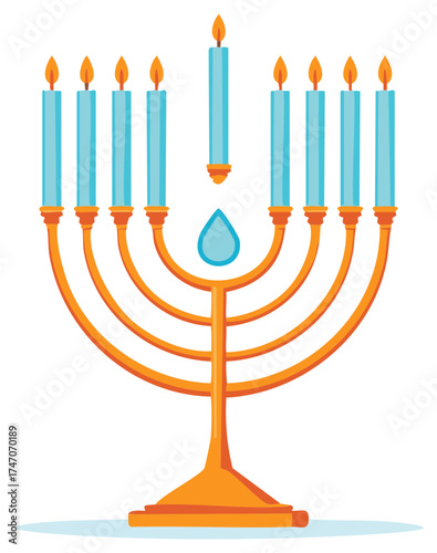 Festival menorah with nine candles lit on a white background