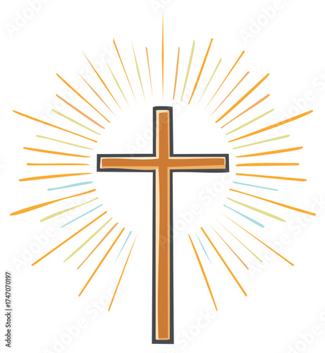 Simple Wooden Cross with Radiant Sunburst Symbolizing Faith and Hope