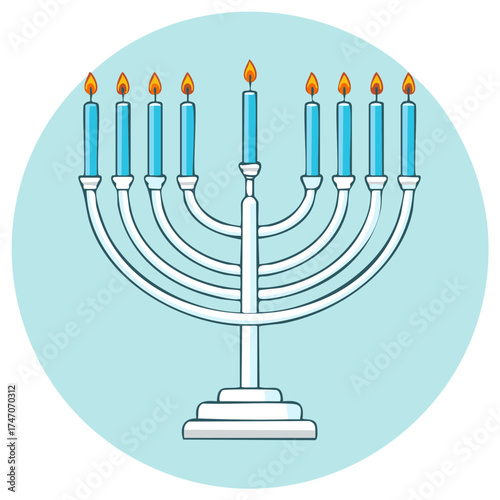 Glowing Hanukkah menorah with all nine blue candles lit a joyful Jewish festival vector art
