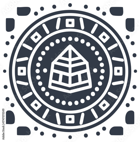 Vector illustration of an Egyptian pyramid, inside a circular border of geometric shapes.