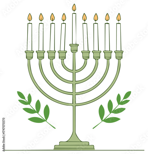 Hanukkah menorah illustration with lit candles and olive branches, traditional religious symbol