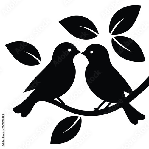 Black lovebirds kissing on branch with leaves couple