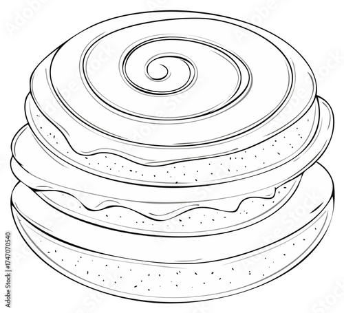 Black and white line art illustration of a delicious layered dessert with a sweet spiral swirl top.