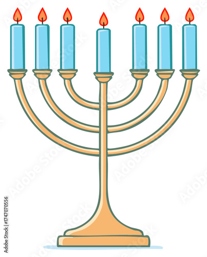 Seven branched menorah with lit blue candles Jewish religious symbol illustration