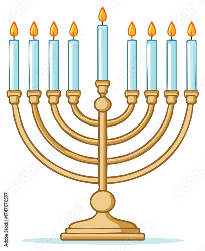 Illustration of a nine-branched Menorah with lit candles in a cartoon style