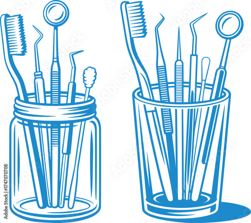 Dental Tools in Glass Jar Line Art Illustration.