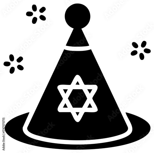 Black Party Hat Icon Adorned with Star of David for Celebration Holiday