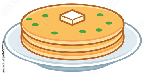 Pancakes stack with butter and green garnish served on plate, isolated vector illustration