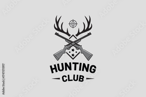 Hunting Club Badge Logo with Deer Antlers Crossed Rifles and Target Vintage Monochrome Vector Emblem