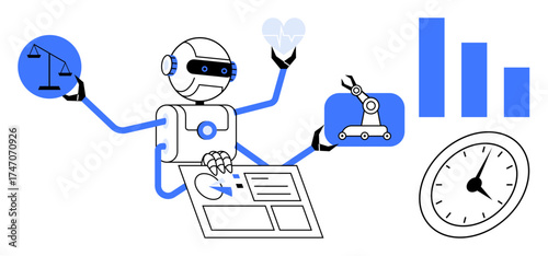 Robot performing multitasking activities, balancing justice, monitoring health, operating machinery, analyzing data. Ideal for AI, automation, health tech, efficiency productivity robotics