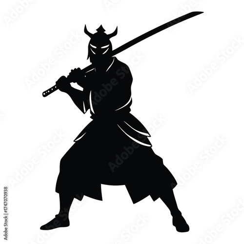 Black silhouette warrior holding katana sword samurai