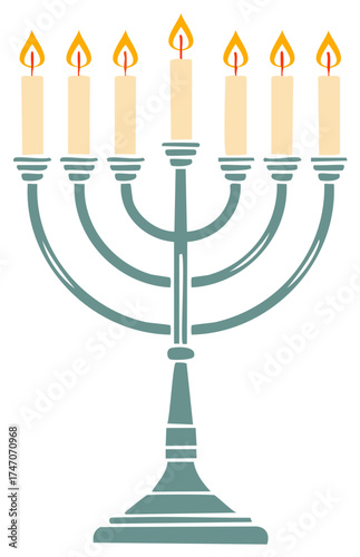 Illustration of a seven branched menorah with lit candles in a simple stylized design