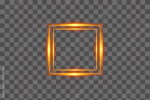Bright golden luminous square border with glowing flare light design isolated transparent background PNG