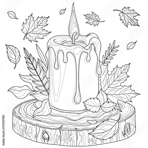 Autumn candle.Coloring book antistress for children and adults. Illustration isolated on white background.