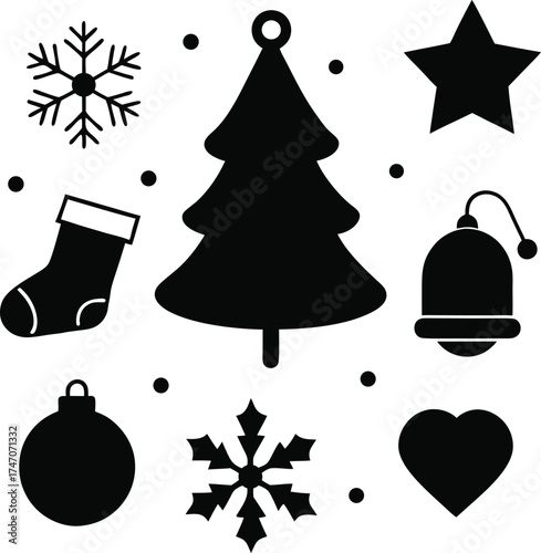 Collection of black christmas holiday icons and symbols including a tree snowflake stocking bell star and heart silhouette isolated on white background isolated on transparent background