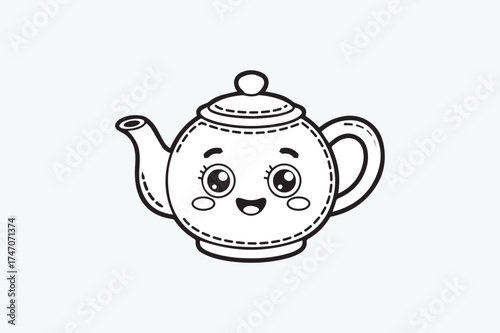 Kawaii Teapot with Smiling Face Cute Black and White Line Art Vector Illustration Isolated on White