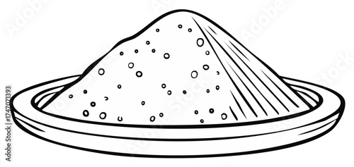 Line art illustration of a pile of granular powder on a simple round plate cooking ingredient