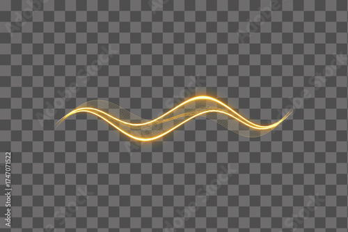Bright golden swirl wave trail with luminous flow and light energy isolated transparent background PNG