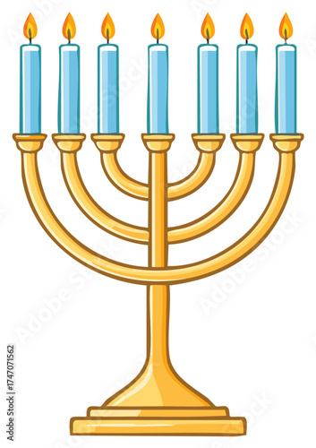 Cartoon golden Hanukkah menorah with eight glowing blue candles for Jewish holiday celebration