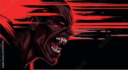 Fierce monster profile illustration, roaring creature with glowing red eyes and fangs, dynamic black and red horror design, stylized fantasy artwork