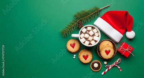 Festive christmas arrangement with hot cocoa and cookies on green background
