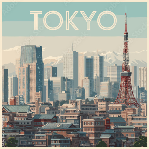 Cityscape of tokyo, capital city of Japan, attractive touristic advertisement poster, beautiful touristic must-see destination. Beautiful tourist destination, in central europe. Modern city in Asia.