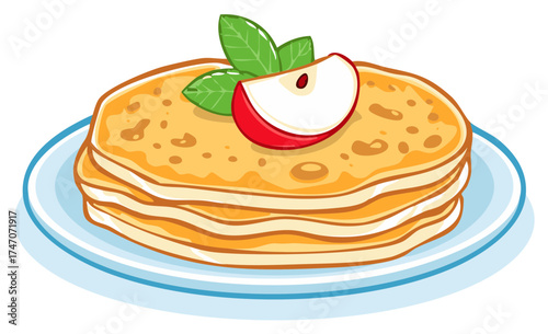 Delicious Stack of Golden Pancakes with Fresh Apple Slice and Mint Leaves Served on a Plate