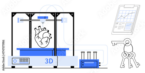 3D printer crafting anatomical heart. Clipboard with data chart, lab tools, and keys nearby. Ideal for technology, innovation, healthcare, medical research, education manufacturing and science