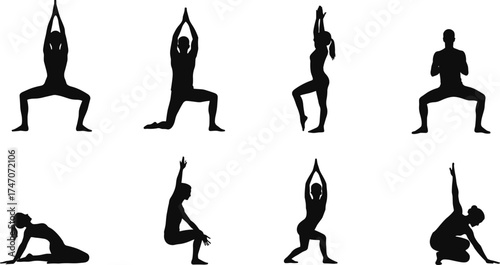 Yoga silhouettes collection, meditation poses, fitness exercise, stretching balance, wellness lifestyle, mindfulness practice, healthy body, flexibility training, Christmas zombie