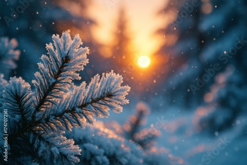 Icy branch glows in the warm light of sunset in a tranquil winter scene.