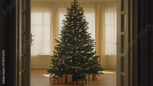 A beautifully decorated Christmas tree stands in the center of a warmly lit room, adorned with string lights and ornaments, with neatly wrapped presents arranged underneath