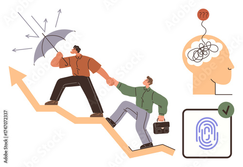 Colleagues climbing an upward arrow path, one guiding with an umbrella, representing challenges. Includes brain with tangled thoughts and fingerprint with approval. Ideal for teamwork, leadership