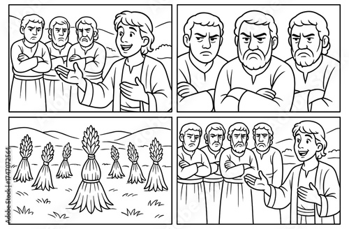 Biblical story of joseph's dream with sheaves of wheat in comic panels for educational material
