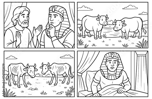 Joseph's dream interpretation and pharaoh's vision - ancient storyline in black and white art panels