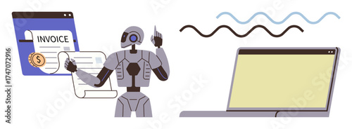 Robot managing invoices digitally, working with a laptop. Ideal for automation, AI, finance, technology, efficiency, digitalization workflow. Simple flat metaphor