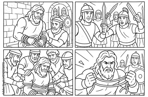 Samson and the bowstrings: biblical scene depicting strength and determination