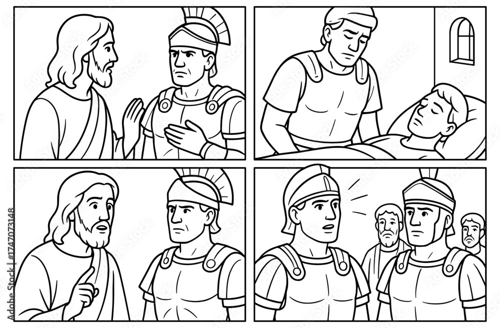Obraz premium Centurion's faith story in illustrated panels for religious education