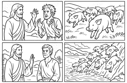 Biblical storytelling through comic panels: simplistic scenes for religious education and artistic inspiration