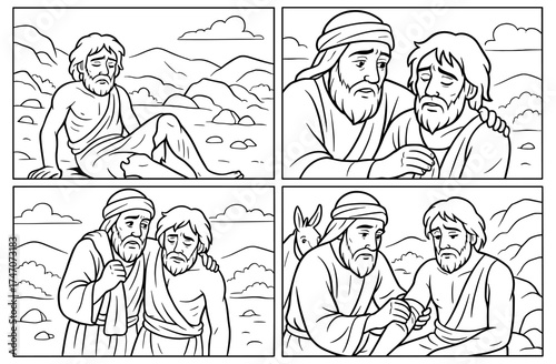 Good samaritan comic strip for inspirational storytelling and religious education