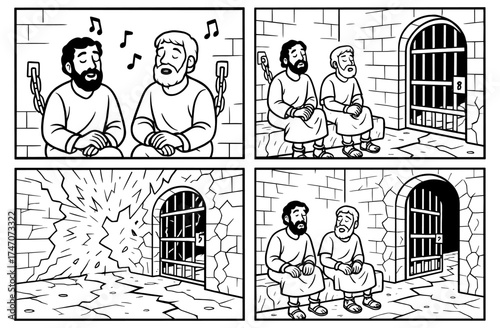Paul and silas' miracle story in prison comic style art for faith-based education and inspiration