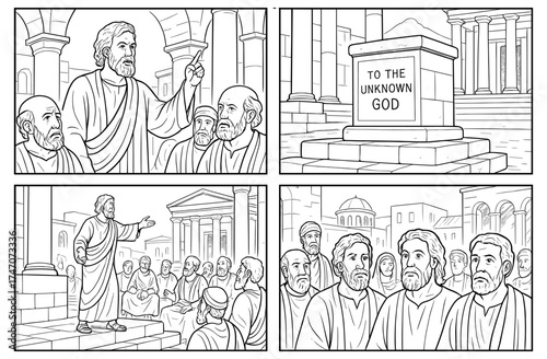 Apostle paul preaching areopagus sermon to greeks - biblical scene depiction for religious education