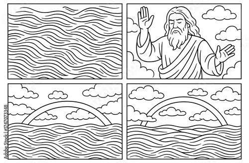 Comic interpretation of biblical creation scene featuring divine figure and rainbow elements for inspirational artwork