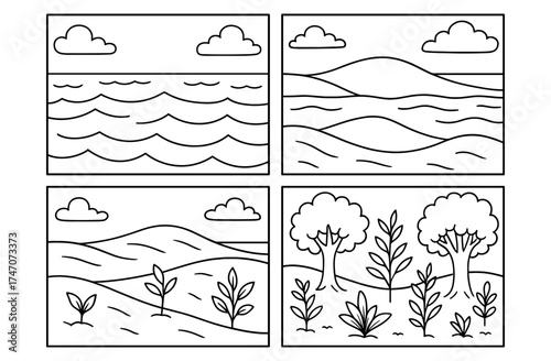Nature scenes representing day three creation with waves and trees for educational use or coloring activities