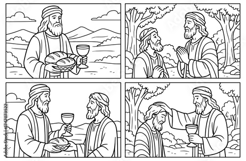 Melchizedek blesses abraham in biblical scene with bread and wine for spiritual and religious significance